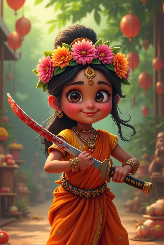 Kerala littile fat girl in onam with dawani in smiling face with a katana with blood in face and katana