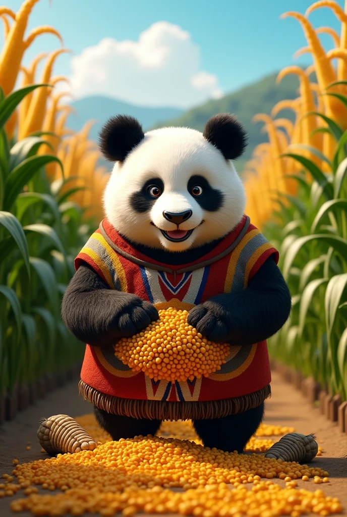 Draw a semi-realistic panda with a smile and a determined look. I want him to wear a native and colorful poncho. I want him to be harvesting corn.