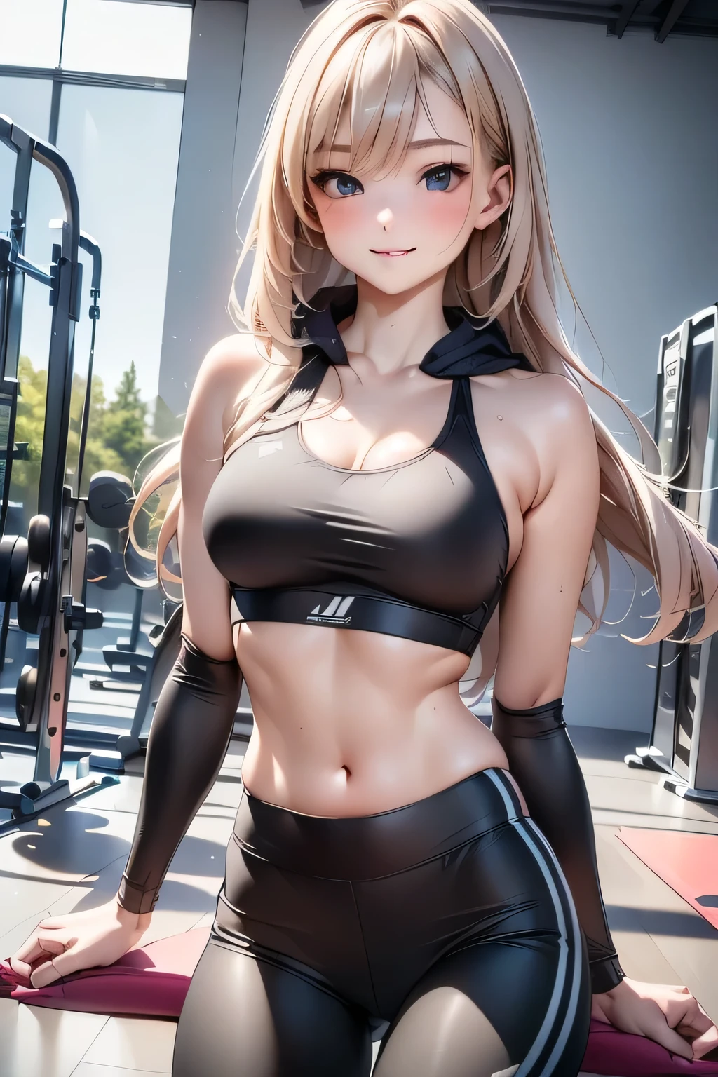 ((masterpiece,Highest quality,Highly detailed images,Beautiful images,Realistic)), ((1 girl, cool face, cool lady, Sports Bra,Black sportswear, Sporty hoodie、Long tights、small breasts, sideboob, smile, blush)) ,((indoors、fitness gym, Hair swaying in the wind))
