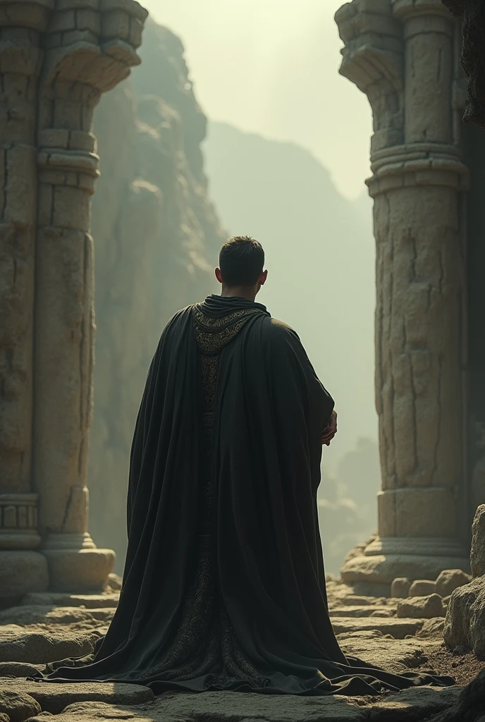 Man in robe from behind praying in ancient times