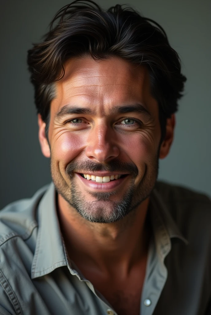 Generates a white man - güero, 40 years old, with beautiful, hooded eyes, nice smile and black hair