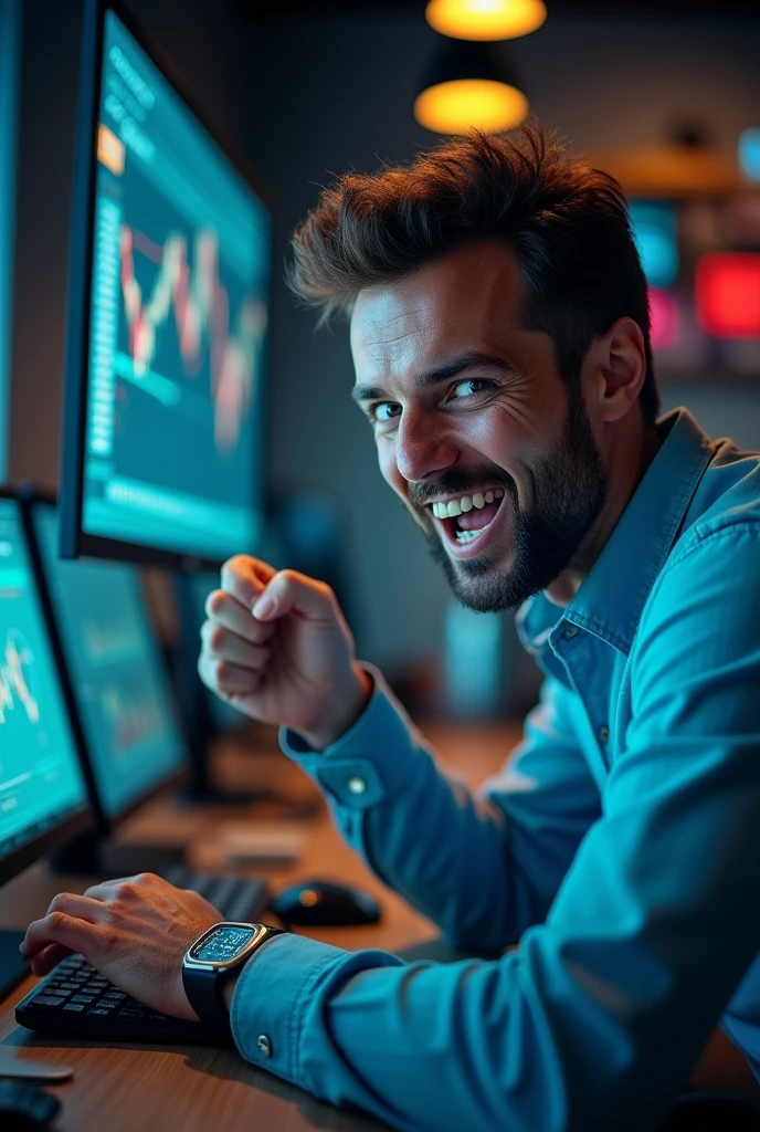 A unique photo of a enthusiastic trader