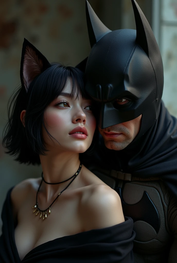 A woman with short black hair down to her shoulders, with small black cat ears, yellow eyes with cat pupils, White skin , Batman kisses the woman, the naked woman.