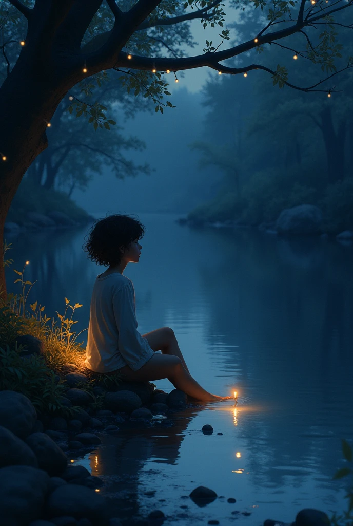 A person with short curly hair, sitting by a river at night in a dark, natural setting. Twinkling lights surround them, reflecting off the water, creating a serene and magical atmosphere.