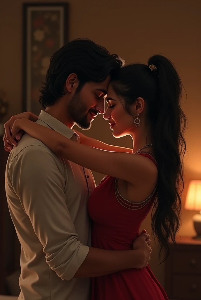 Create a image of a 2 indian couple in a room hugging each other girl have long black silky hair highpony .boy hugging from back