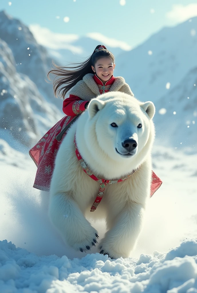 Super realistic image of a charming girl (masterpiece:1.2),(long black hair, Evenk folk costume, smiling,White skin) sitting on a big happy polar bear, running at high speed through the wilderness(snowy mountains) from Hokkaido,dynamic camera angle, powerful composition, concentrated lines, Scattered snow,magnificent landscape(.masterpiece:1.2, Best quality), Practical, (The real situation, complex parts, depth of field)8K high detail,photorealistic rendering,a high resolution,8kSolar Soft Light