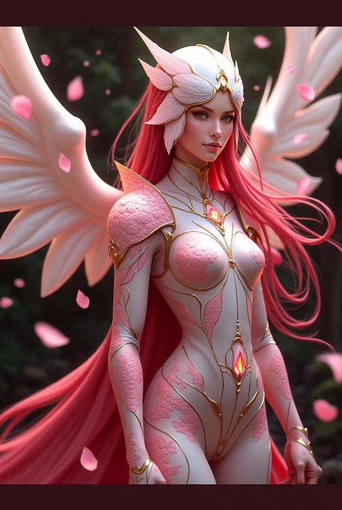 A tall, elegant warrior woman from the Sakurianas species, wearing a unique armor that reflects their abilities and beauty. The armor is lightweight, made of petal-like material that is 100 times stronger than diamond but appears delicate and organic. The armor has a shimmering pink and white color scheme, resembling the natural hues of Sakura petals. The chest plate and shoulder guards are adorned with intricate floral patterns that look like blooming Sakura flowers. The helmet is sleek, with a visor shaped like overlapping petals, and the whole armor has a flexible, almost fluid-like appearance. The armor also has glowing veins of energy running through it, matching the regenerative and powerful nature of the wearer. The background is a mystical forest, with falling Sakura petals around the warrior.