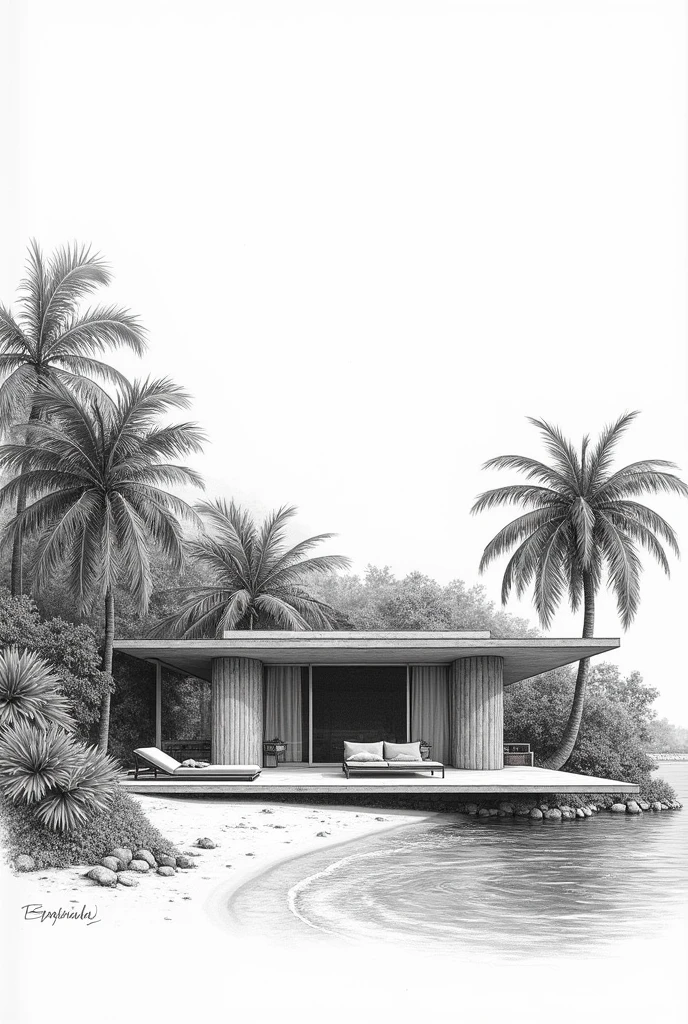 Create a sketch of a sustainable home on the coast of Quintana Roo made in black and white pencil in the middle of the jungle