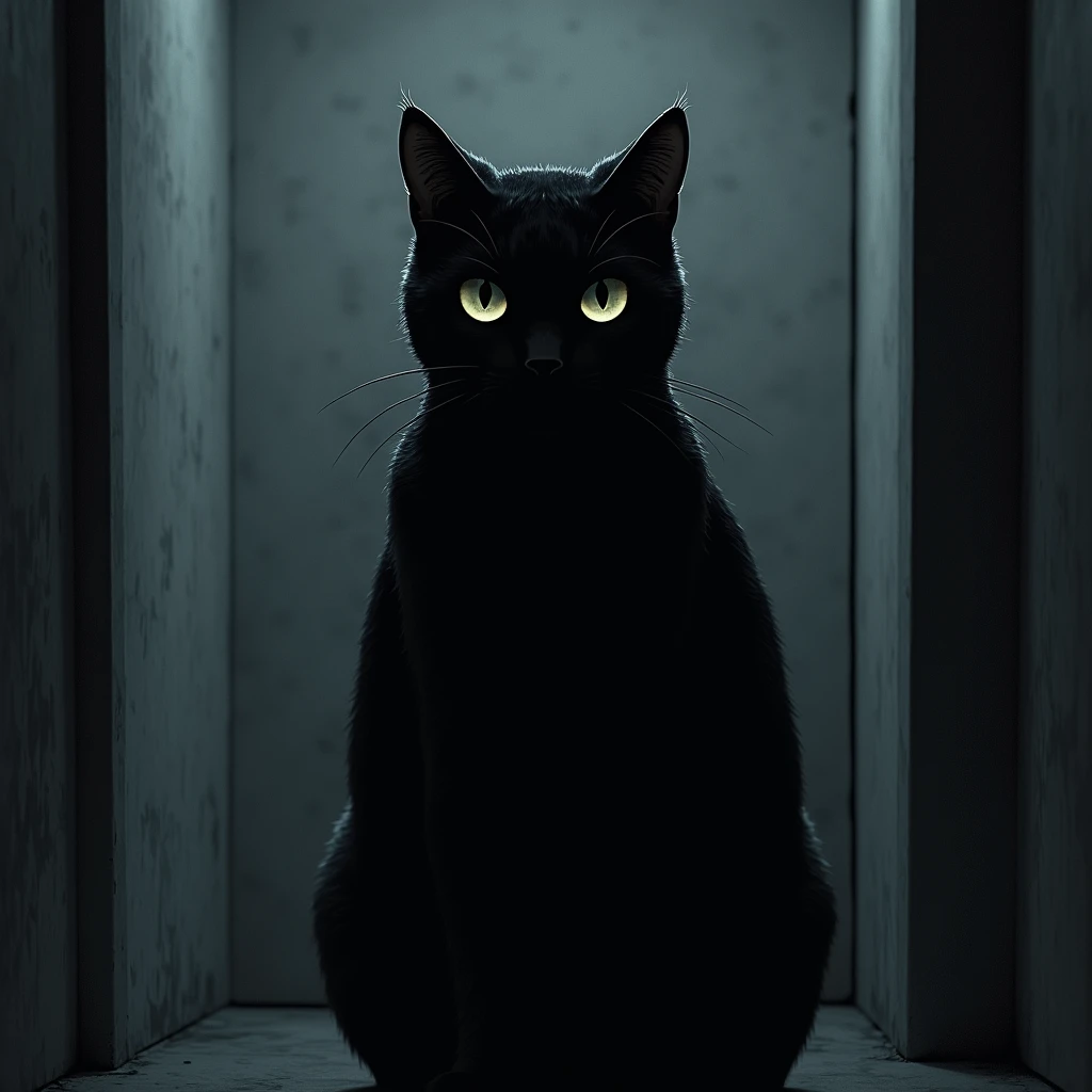 Black shadow of a gray cat watching the viewer very close, Vice City GTA, gray wall background