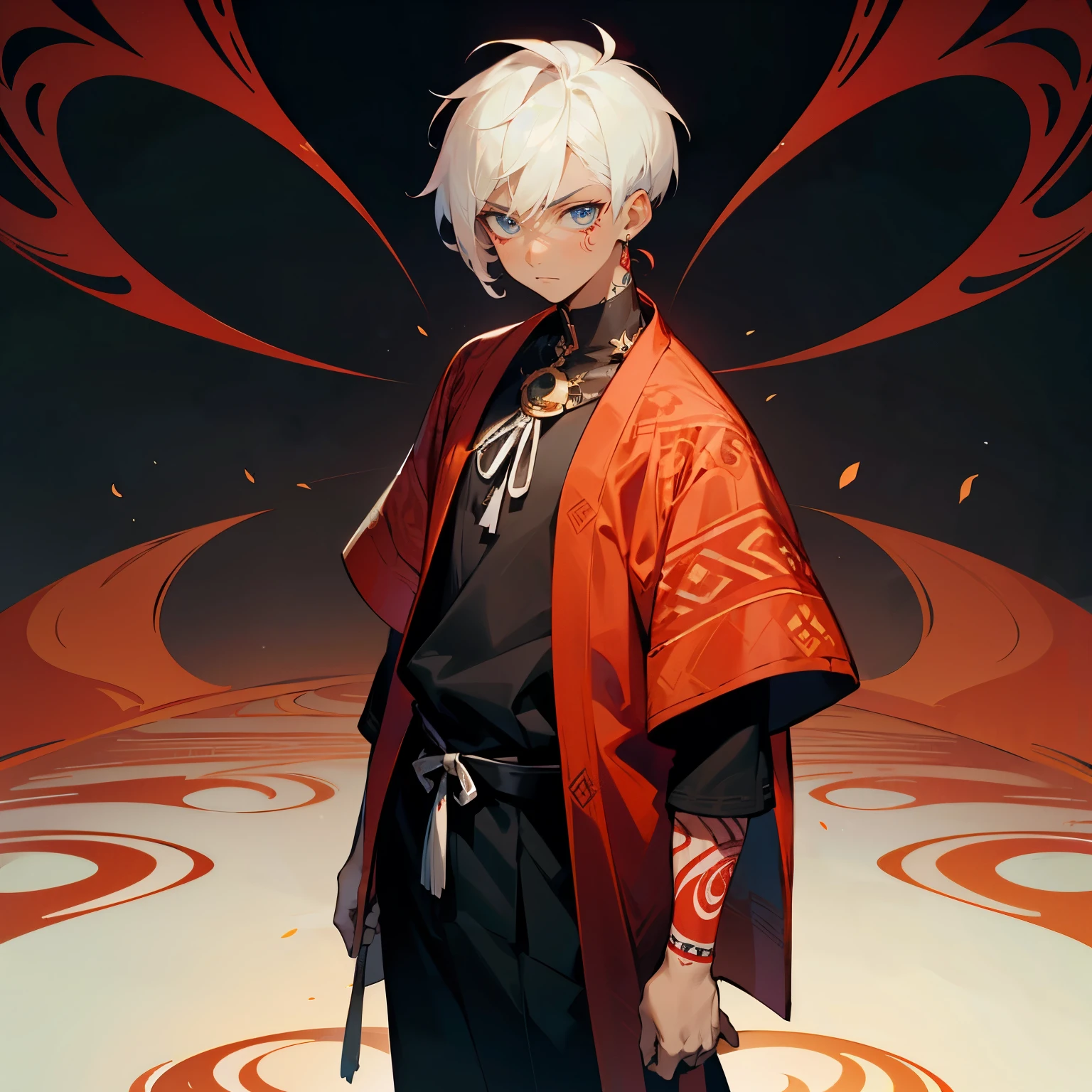 1male, Modern Undercut Hair ,Young Male, Curly White Hair , Pale Blue Eyes , Dark Skin , Black Yukata with Red Swirl Designs on the sleeve , Serious Expression , Standing on path, Red Tribal tattoos on one arm