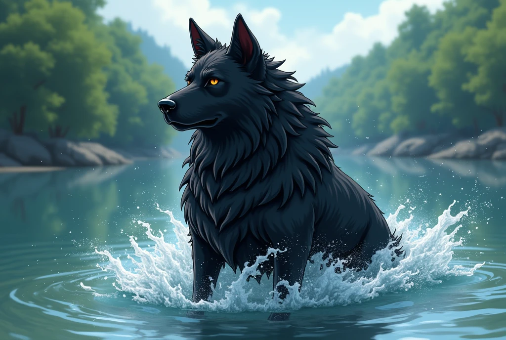 there is an anime style character black dog that is standing in the water, dog, at the waterside, black dog, a handsome, in a pond, in the water, a dog, river in front of him, the photo shows a large, bear, labrador, menacing!, playing with the water, emerging from the water, wet fur, handsome, nice face
