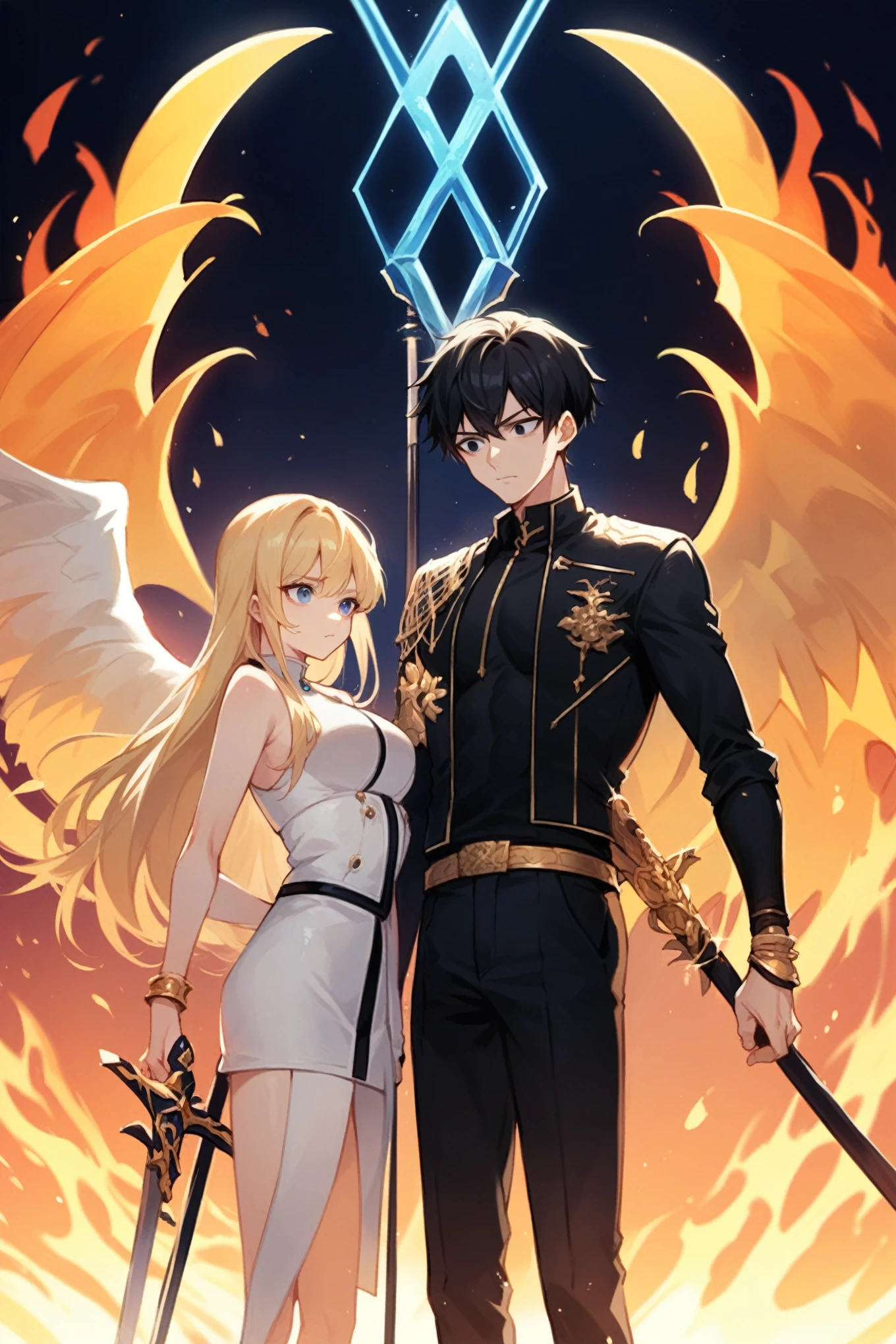 anime style boy, short black hair and black eyes, wearing a black shirt with a white jacket, To his right is an anime style girl, long blonde hair, blue eyes, wearing white armor with gold