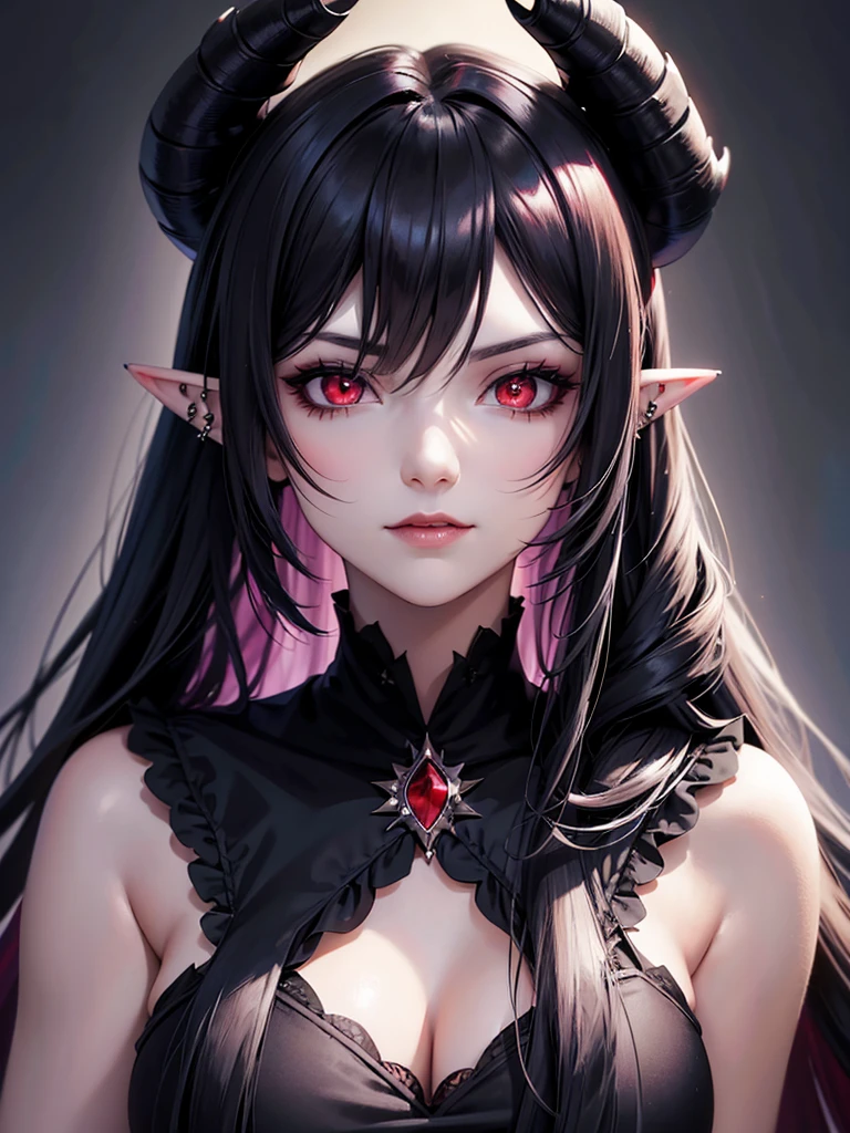 a close up of a woman with dark and a black top, gothic maiden anime girl, anime in fantasy style, 1 anime goth girl, stunning anime face portrait, with long hair and piercing eyes, portrait knights of zodiac girl, detailed portrait of anime girl, crimson red eyes, female anime character, beautiful alluring anime woman, High Resolution, pointy ears, vampire, vampire crownClosed Mouth, Makeup, Smirk, dark, dark atmosphere,Hair Ornament, Jewelry, Crown, Tiara, X Hair Ornament, Horns, Demon Horns, Looking at viewer,