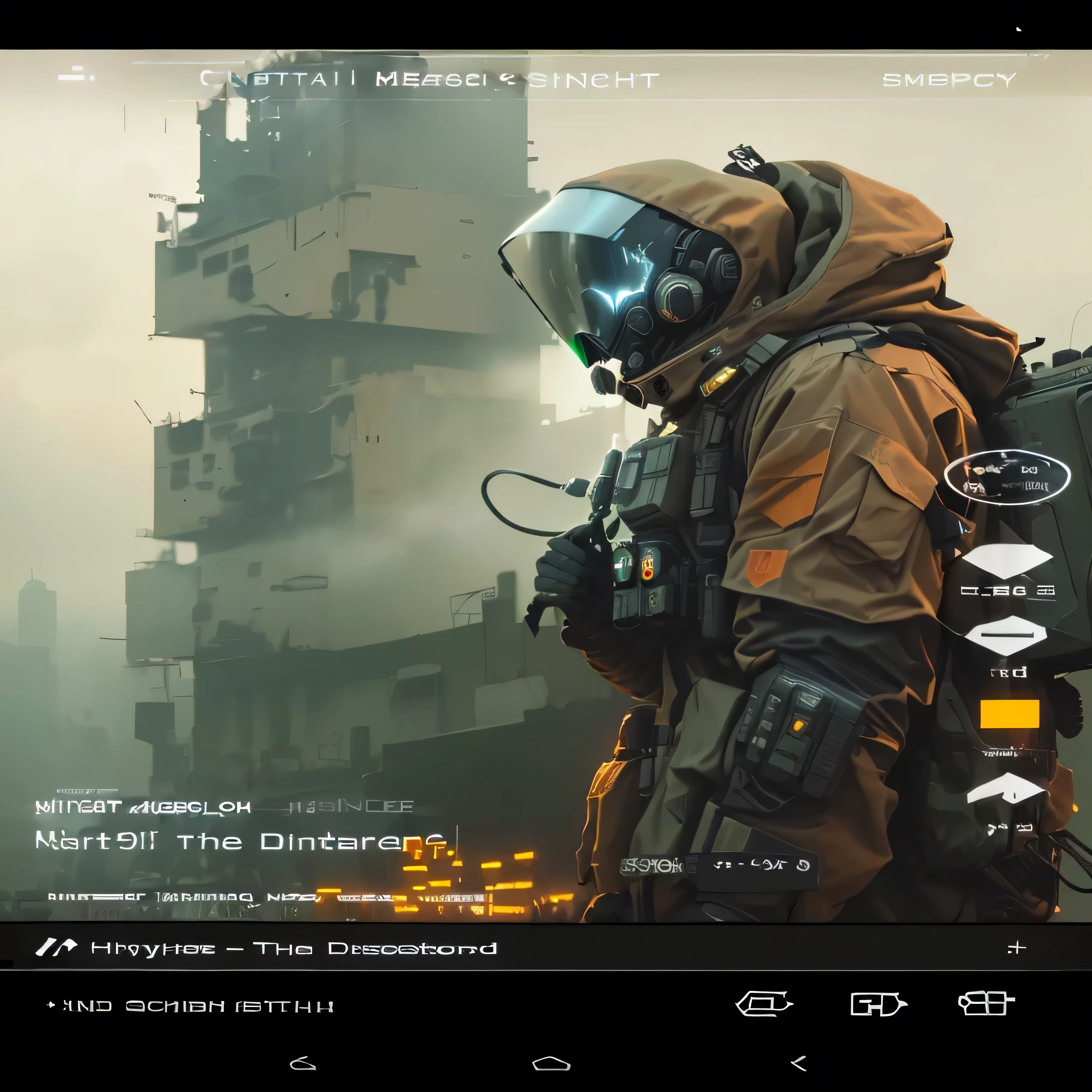 there is a man in a gas mask and a gas mask on a cell phone, style blend of hideo kojima, cinematic beeple, craig mullins style, postapocalyptic vibes, detailed atmospheric and gritty, sci-fi cinematic movie still, knights templar in a space suit, cinematic scifi shot, yellow battlefield theme, dystopian sci-fi character