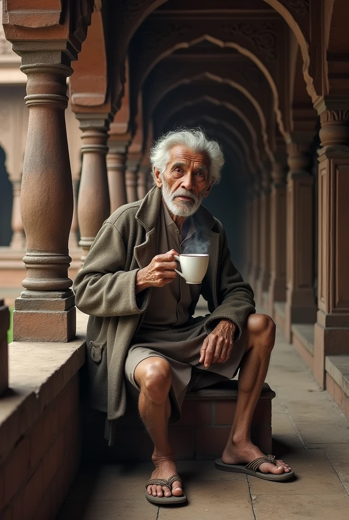 An old man drinking tea in kasthamandap ancient photo