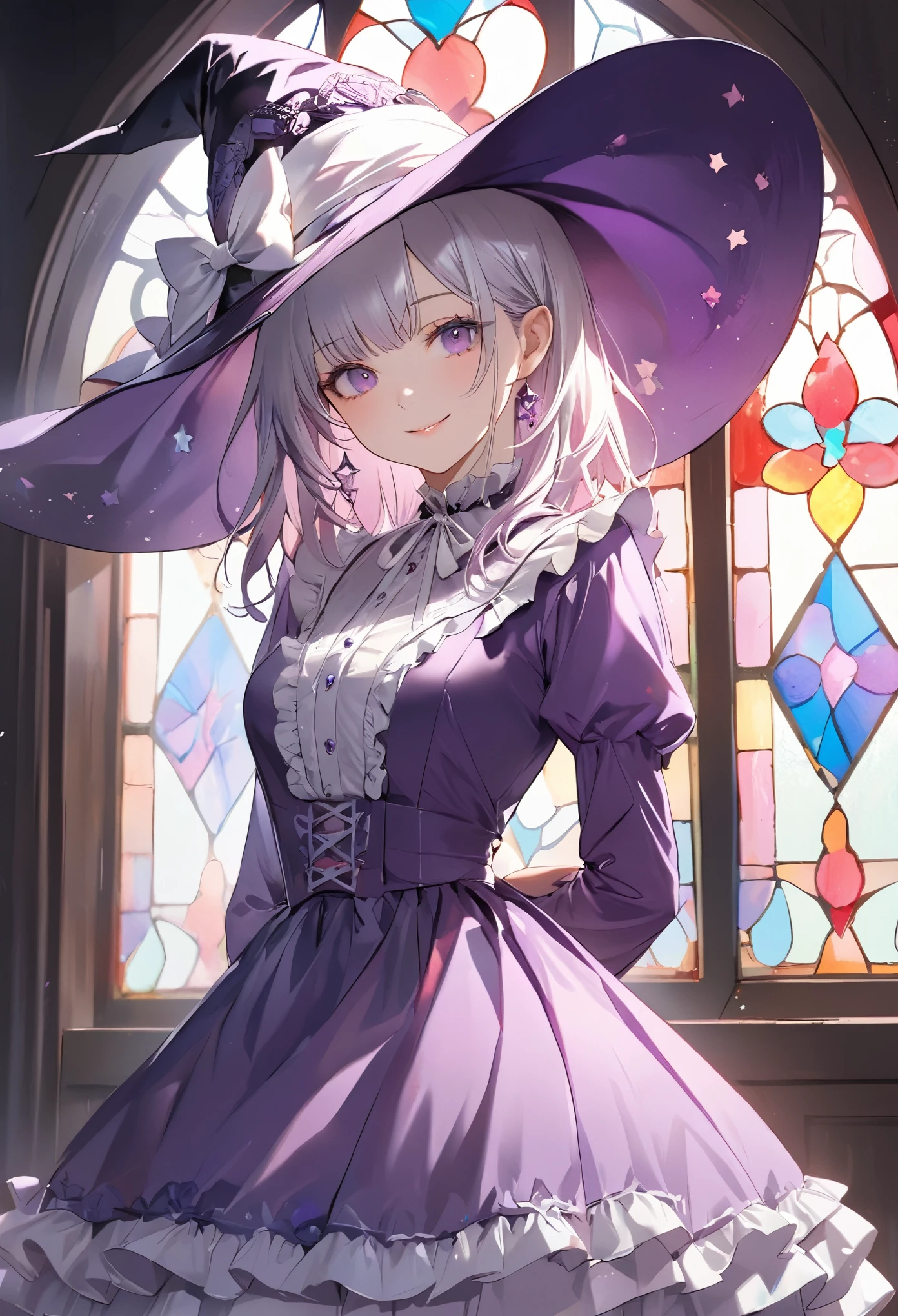 (transparent purple theme art),(top-quality),(masterpiece),(cowboy shot:1.5),((arms behind side)),Silky to the touch,Hyper Detail,(1 girl),(solo),Delicately drawn face,girl with a pretty face,beautiful detailed transparent purple eyes,beautiful detailed purple witch hat with white ribbon ornament,beautiful detailed pastel purple ta witch fashions with ruffles,((pastel skirt with ruffles)),((Long sleeve white and purple costume)),(Beautiful silky white hair:1.3),pale skin,a beautiful transparent illustration,pastel purple theme,beautiful smile,frontal face,soft gradient,((standing in front of pastel glass art wall)),(((stained glass is colorful pastel)))