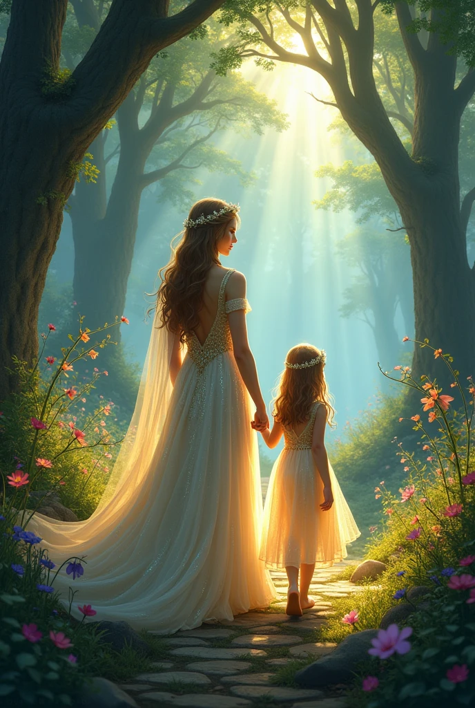 In a mystical forest bathed in dappled sunlight, Queen Elara and her daughter, Princess Liora, walked hand in hand. The ancient trees towered above them, their branches forming a protective canopy, while vibrant flowers and magical creatures filled the air with an enchanting glow.
The queen, dressed in a flowing gown that shimmered like moonlight, spoke of the legends of their land, sharing wisdom and stories passed down through generations. Liora listened with wide-eyed wonder, her heart filled with dreams of adventures and the magic that surrounded them.