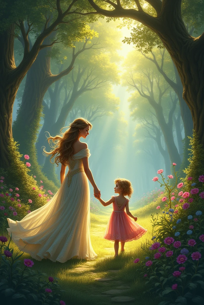  In a mystical forest bathed in dappled sunlight, Queen Elara and her daughter, Princess Liora, walked hand in hand. The ancient trees towered above them, their branches forming a protective canopy, while vibrant flowers and magical creatures filled the air with an enchanting glow.

The queen, dressed in a flowing gown that shimmered like moonlight, spoke of the legends of their land, sharing wisdom and stories passed down through generations. Liora listened with wide-eyed wonder, her heart filled with dreams of adventures and the magic that surrounded them.