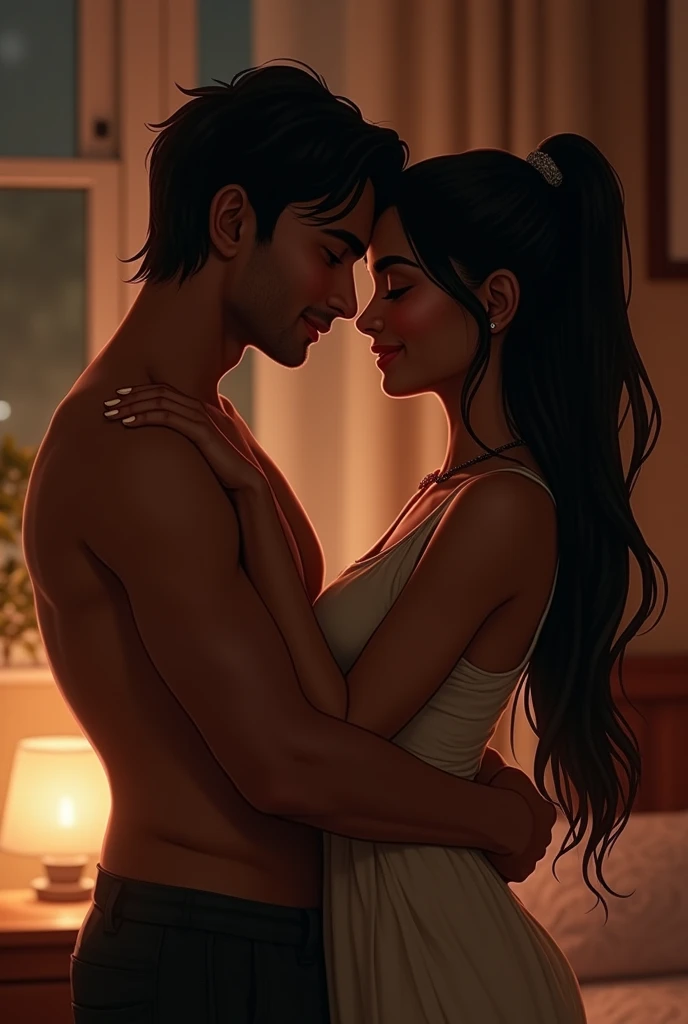 Create a image of a 2 indian couple in a room hugging each other girl have long black silky hair highpony .boy hugging from back