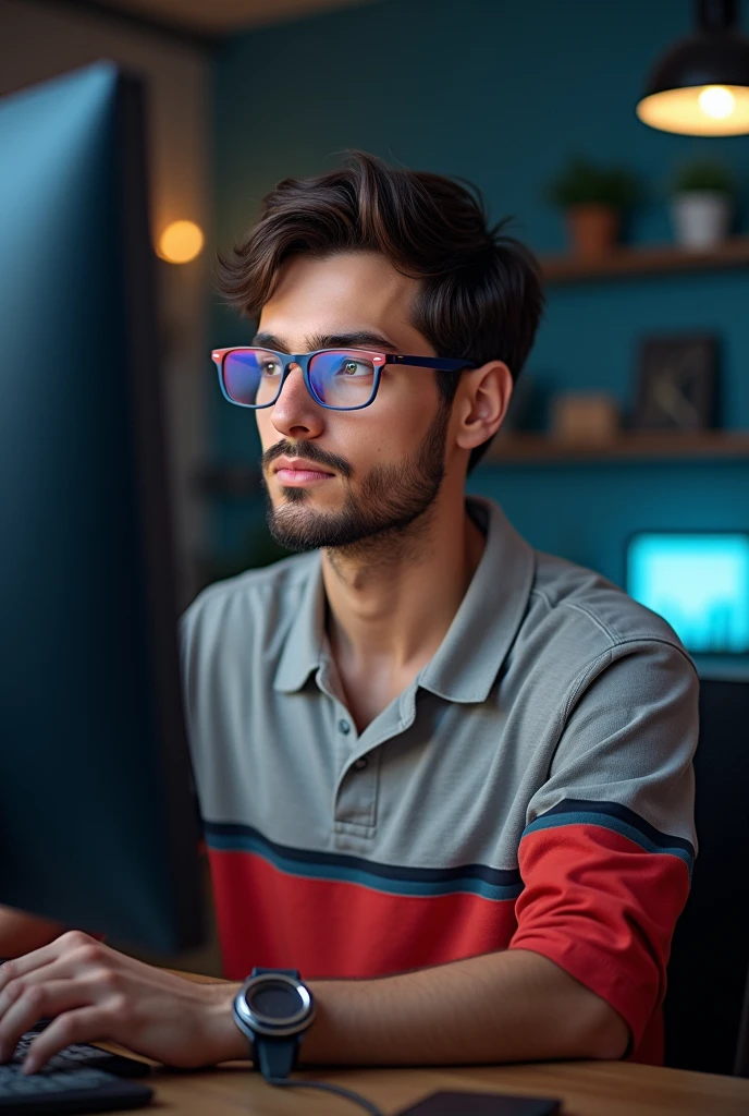 (Photorealism:1.2), Young man, eyes browns, very short hair, barba, glasses with red and blue frames, gray and red wide striped polo shirt, sitting in front of the computer.