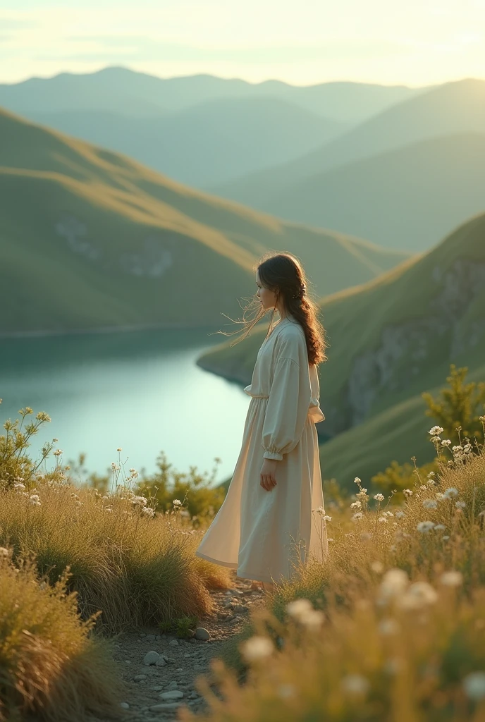 A Quiet Place, 1 girl,Very pleasant, beautiful, calm, landscape. Reality, 8K Ultra HD, Studio Quality, 超realism, Maximum detail, Large target, Post-Processing, realism, Photoshop, photography, detail, Cinema Lighting, landscape, panoramic, landscape, Ray Tracing, cinema4d