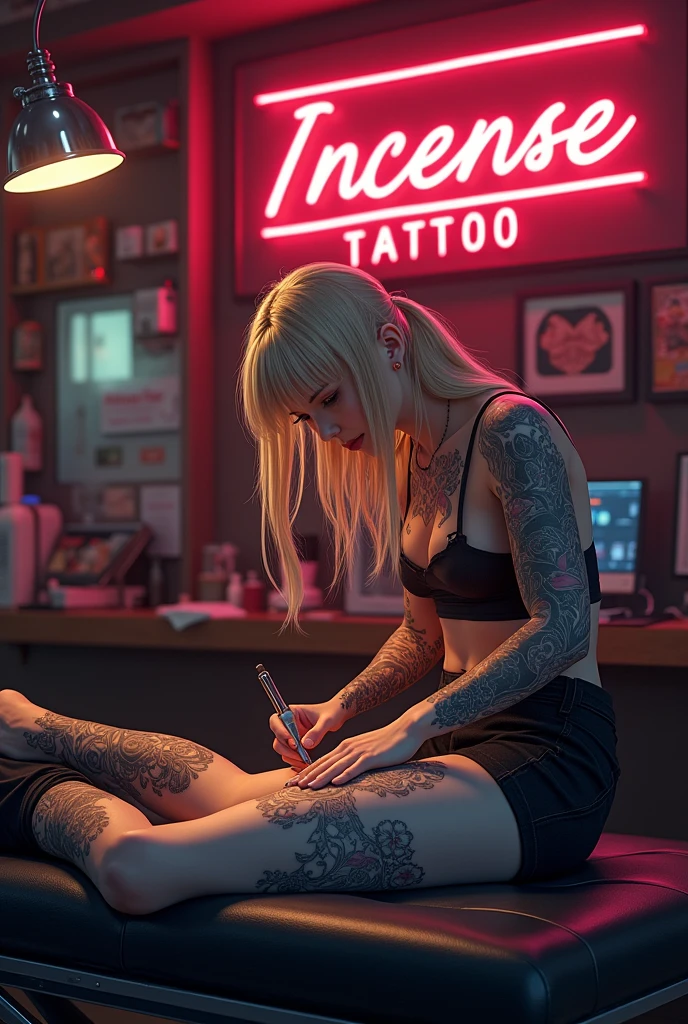 Tattoo artist woman with slim build, blond hair brown eyes symmetrical and delicate facial features white skin. Tattooing another woman lying on a tattoo table on her right leg. Inside a tattoo parlor where you can see a neon sign with the message Incense Tattoo.