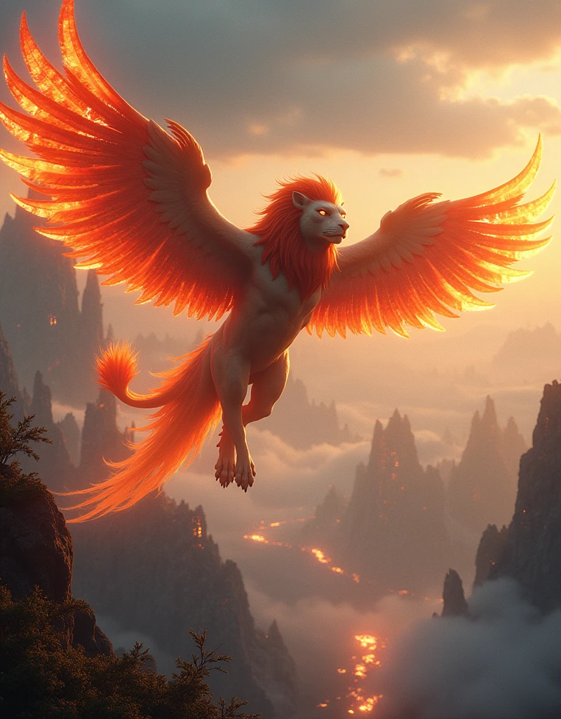 The legendary creature of Nova Aeterna, a majestic hybrid of a lion and a phoenix, soaring above a futuristic landscape. Its feathers blaze with intense colors, leaving a trail of fire and light in the sky. The landscape below is otherworldly, with towering spires and glowing vegetation. Rendered in ultra-high-definition with dynamic lighting, motion blur, and volumetric effects for a breathtaking, cinematic feel.