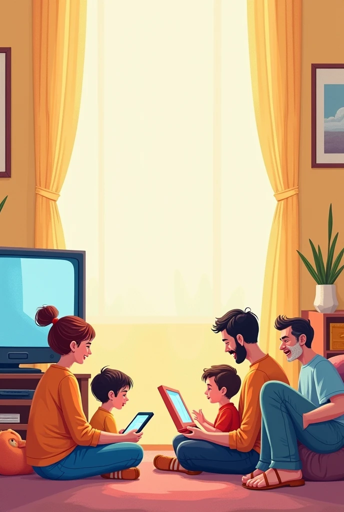 Image with a baby watching TV while a child is using an tablet, an adult is using a laptop and an older person is using a smarphone. Please, make the image with drawings. In the center let a space to write something. Image is for a post on instagram.