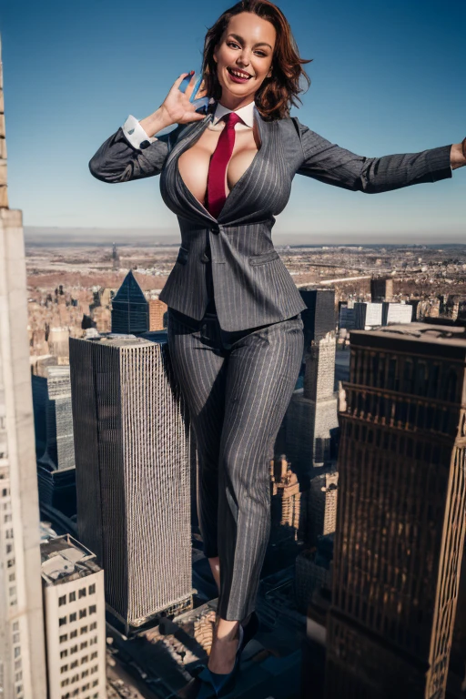 (photorealism:1.2), giant, giantess art, Sky View, giantess, Have a pair of ultra long legs, crushing a with heels skyscraper , a pair of huge breasts, curvy, dark grey pinstriped suit，white tailored shirt, massive red tie, Has ginger waist-length hair，Wearing a pair of platform heels, leaning over tie hanging down, massive tie larger than a skyscraper, A look of enjoyment, Beautiful appearance，very small metropolis, Trying to destroy a miniature metropolis, Full body depiction, nffsw, Giga Giantess, Exquisite makeup，quality, Cinema lighting，film grain，8k，textured skin，Super details，high detail，high quality，high resolution, smile