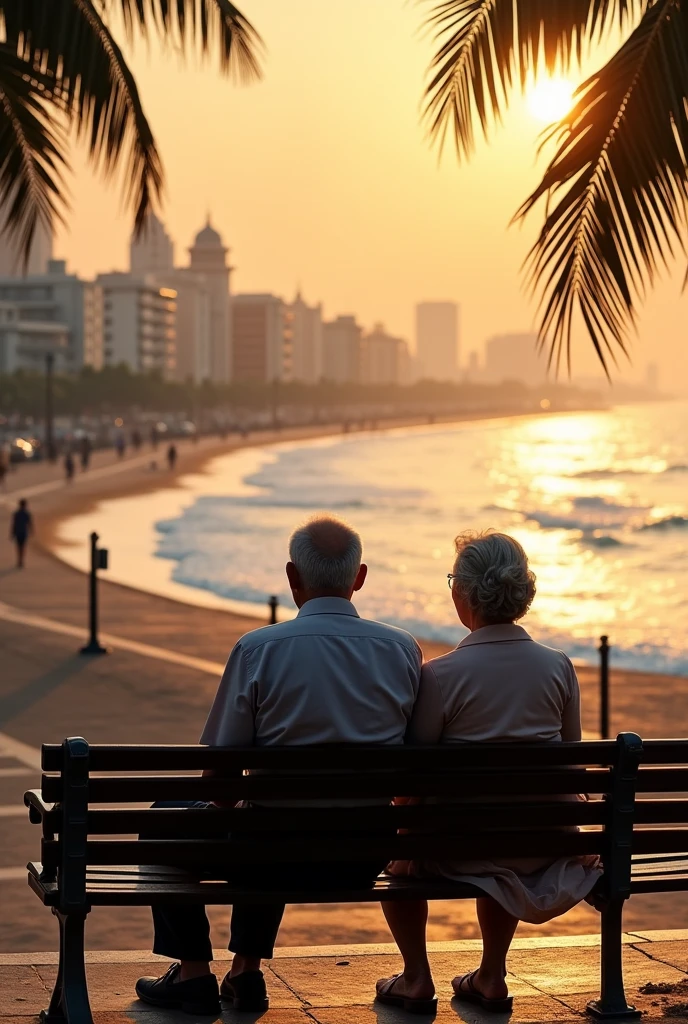 A image of a old couple seating at marine drive mumbai
