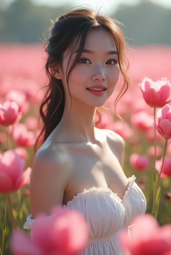 Best Quality, masterpiece, ultra high resolution (photorealistic: 1.4), raw photo, 1 girl, White dress, bare shoulders, field of pink flowers in bloom, shiny skin, slight smile, big breasts