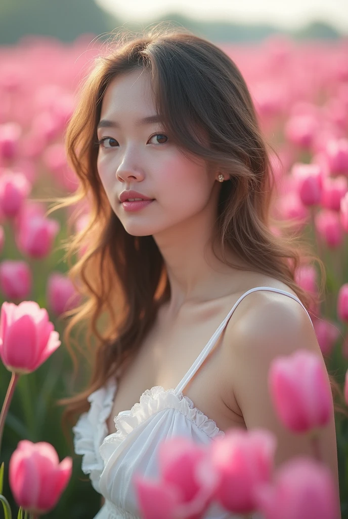 Best Quality, masterpiece, ultra high resolution (photorealistic: 1.4), raw photo, 1 girl, White dress, bare shoulders, field of pink flowers in bloom, shiny skin, slight smile, big breasts