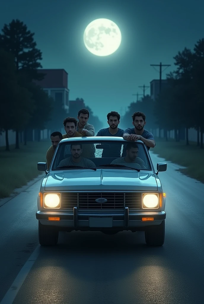 5 ladke jo ki ja rahe hai white iten gaadi se on road  in night 