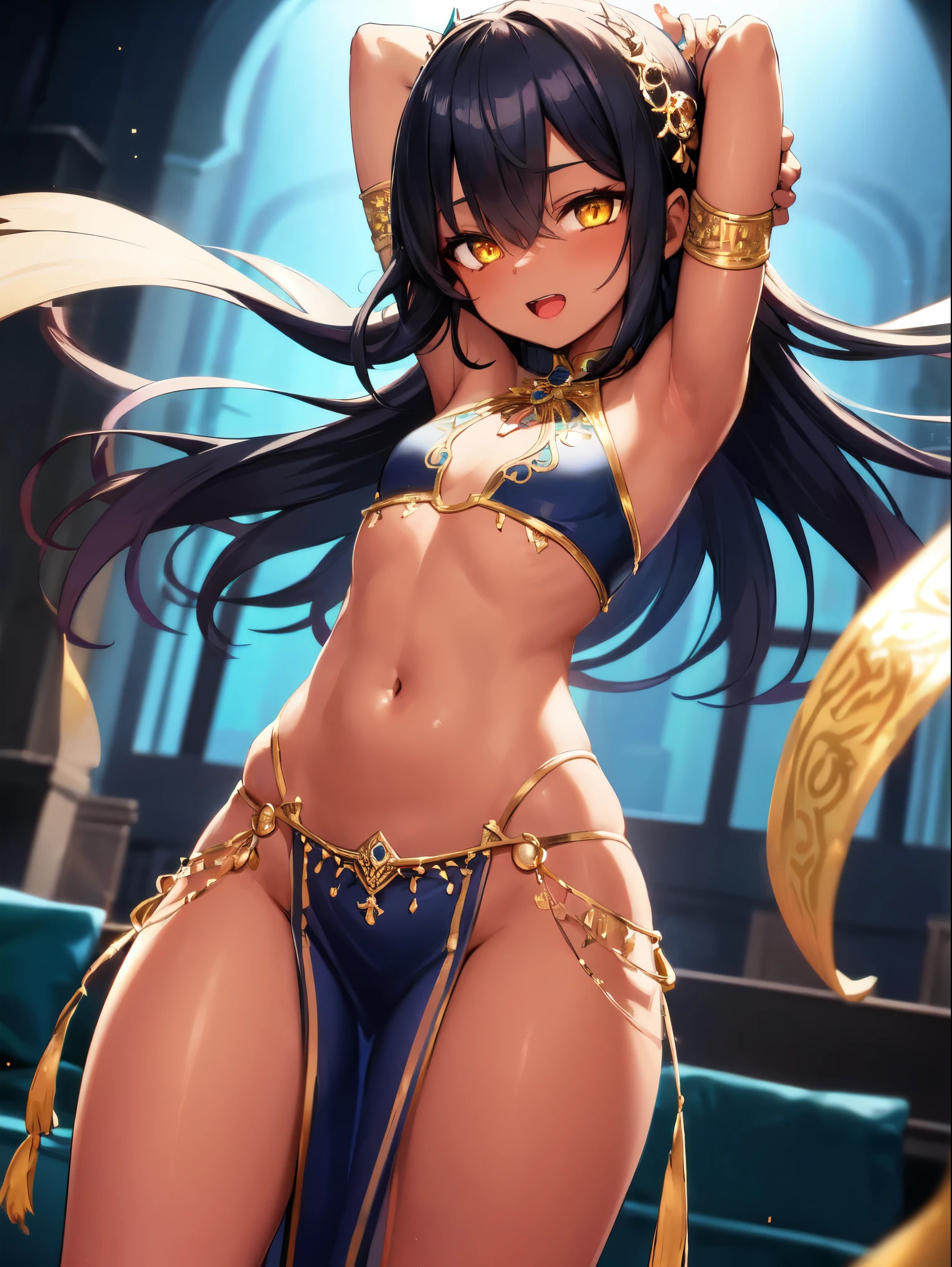 8k quality artwork Ishtar with curly hair, backwards, back view, looking at the camera out of the corner of my eye, delicious upskirt, showing her big butt with her hands, gold heels, bottom up view on his cushion in church 