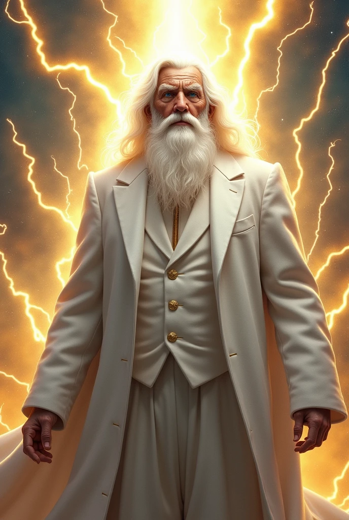 Heavenly Scene, ultra realistic, highly detailed, hyper realistic, old man, long white hair, white beard, blue eyes, gold lightning, white suit, godlike presence, confident look, strong pose,