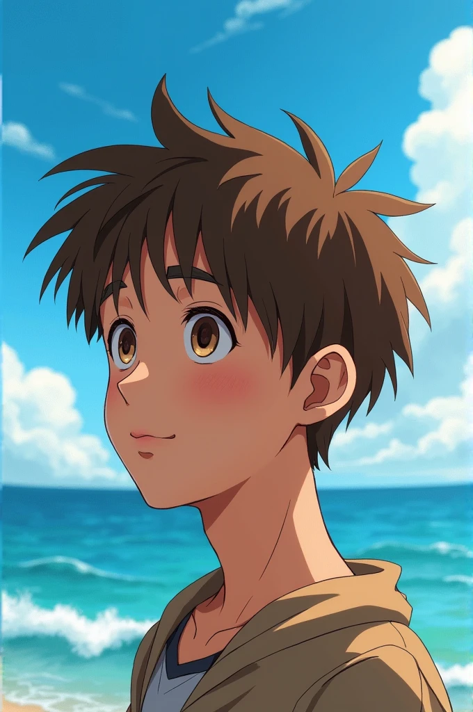 A young male who have brown hair and brown eyes with a background of ocean
