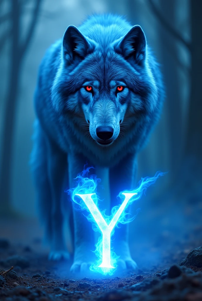 A blue wolf with red eyes looking at the blue fire letter Y and the blue fire number 7