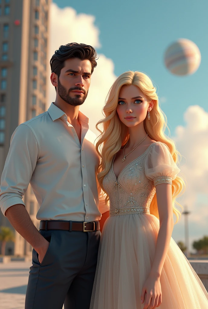 Create the cover for my book, A Princess in Türkiye, put the title in Brazilian Portuguese.A blonde princess with blue eyes, with an elegant dress that mixes traditional elements in soft tones.a dark haired man, dressed in casual clothes, like a white shirt and dark pants, which contrasts with the princess's more royal appearance.Scenario:Ao fundo, a building perhaps something reminiscent of modern Turkish architecture, .A distant planet visible in the sky, 3D realistic