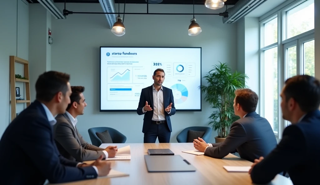A high-resolution image capturing a startup founder presenting their business idea to a group of investors, men and women of different nationalities in a modern conference room. The presenter is standing confidently with a slideshow on a large screen behind them, showing financial projections and product features. The investors are engaged, with one of them taking notes."