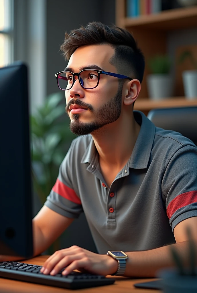 (Photorealism:1.2), Young man, chubby brown eyes, very short hair, barba, glasses with red and blue frames, gray and red wide striped polo shirt, sitting in front of the computer.