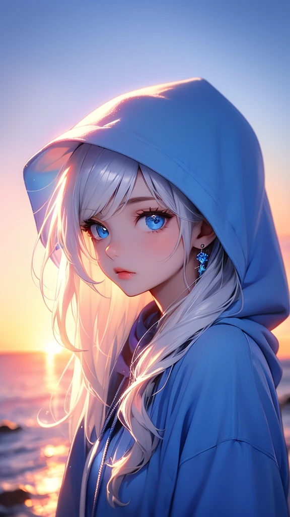 a girl with beautiful blue eyes, white hair, wearing a blue hoodie with the hood down, a single earring or piece of jewelry, looking directly at the viewer, upper body shot, against a sunset background