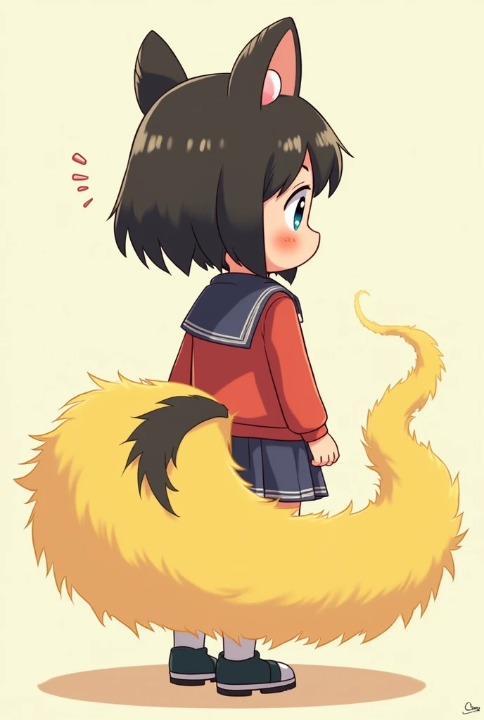 1 Human Girl、anime、animeチック、Skunk Ears、Skunk&#39;s Tail、、Shoots a large amount of yellow mist from the base of its tail in front.、Embarrassing、Fart、solo、Turn your back、