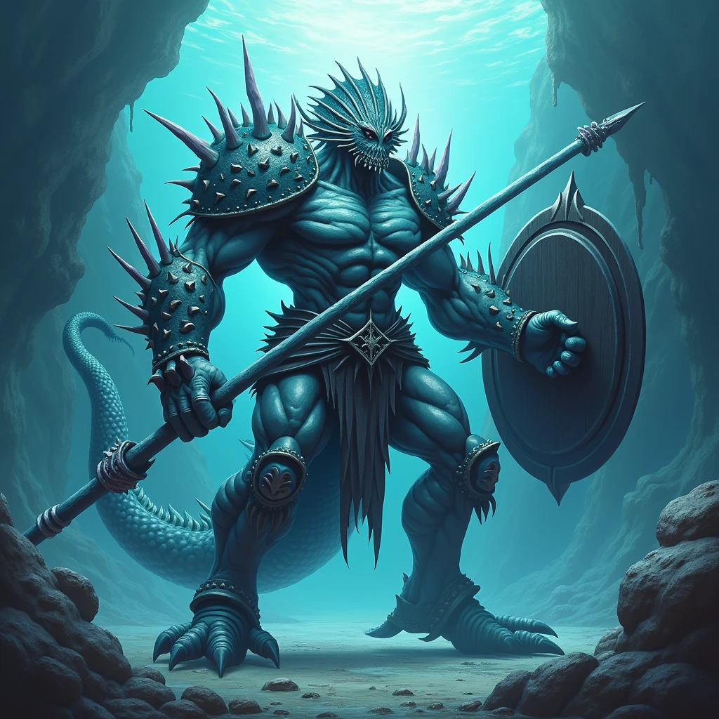 warrior with spear, monstrous humanoid appearance, shield, Fins on the arms and legs, armor with spikes similar to sea creatures, seahorse helmet, yugioh style, black armor and helmet, sea creature