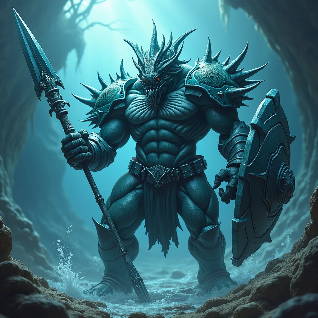 warrior with spear, monstrous humanoid appearance, shield, Fins on the arms and legs, armor with spikes similar to sea creatures, seahorse helmet, yugioh style, black armor and helmet, sea creature