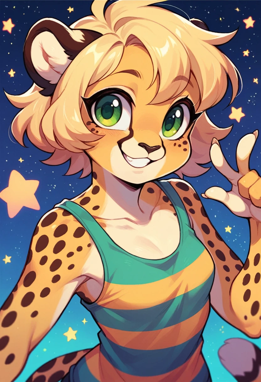 Anthropomorphic, cute, cheetah woman, short chic blonde hair, green eyes, hourglass, small breasts, colorful rainbow striped tank top, pink panties, cheerful smile, stars background