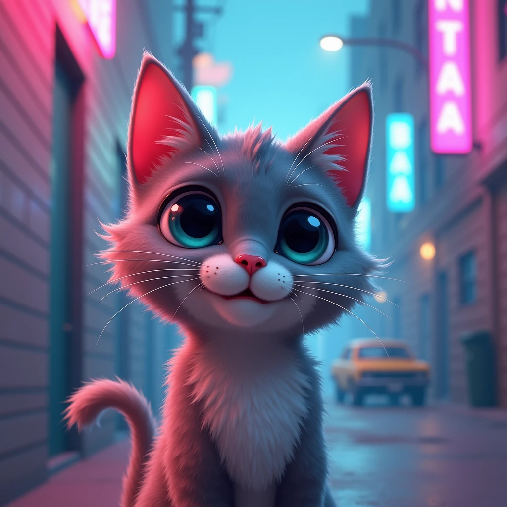 grey happy cat looking at viewer very close, Vice City GTA, grey wall background