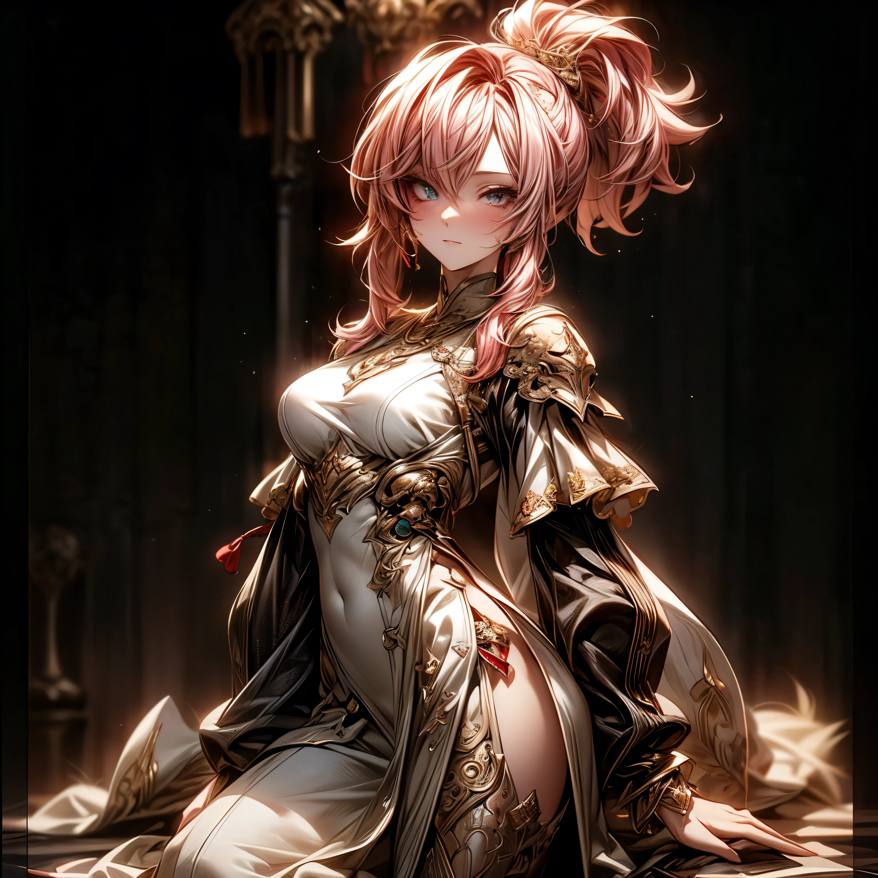 (best quality)), ((Masterpiece)), (details:1.4), 3d, HDR (high dynamic range), an image of a beautiful cyberpunk female, Cyberpunk, medieval, pink hair, Curtain Bangs, Hips up, Beautiful white eyes, จมูกโด่ง, ปากแดง, หน้าอกใหญ่, nvidia RTX, PBR surface, After processing, Anisotropic filtration,depth of field, Maximum clarity and clarity, multi-layered surface, Subsurface scattering, perfect proportions, 8K raw files, ultra detailed, Perfect proportions, volumetric lighting, soft lighting, Holy Paldin, Heavy Golden Armor, glossy skin, Castle background, jewely, ต่างหู, นิ้วมือสมบูรณ์, mini red skirt,