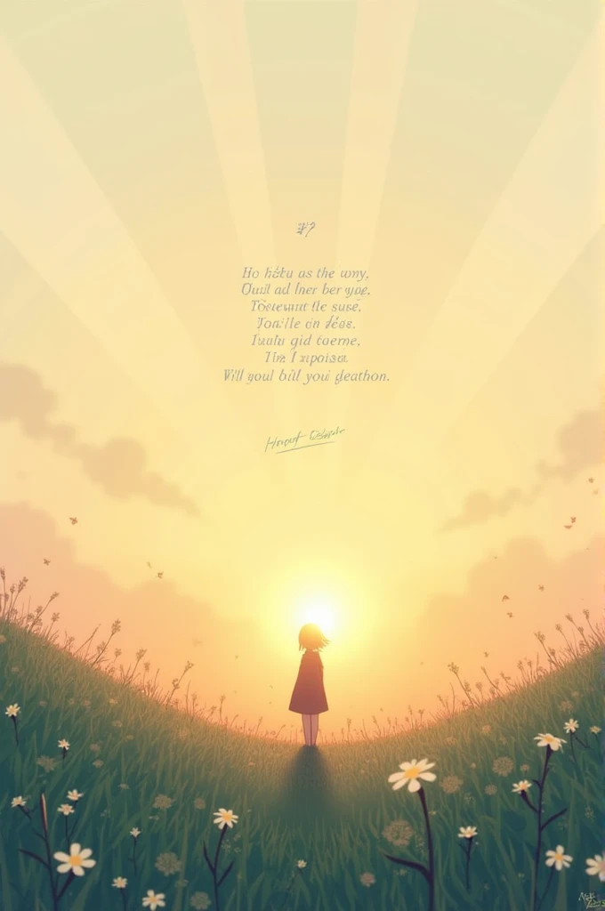 Background: A serene sunrise with soft pastel colors like pink, orange, and light blue filling the sky.
Foreground: A calm landscape with dew-covered grass and delicate flowers blooming, symbolizing the fresh start of the day.
Central Figure: A person or silhouette standing on a hill or in a field, facing the rising sun with a sense of hope and joy.
Details: Gentle rays of sunlight reaching out, touching the person or the landscape, emphasizing the warmth and brightness of the new day.
Text Integration: The haiku text could be artistically written in a flowing, elegant font at the bottom or integrated into the scene, perhaps curving along the horizon or light rays.