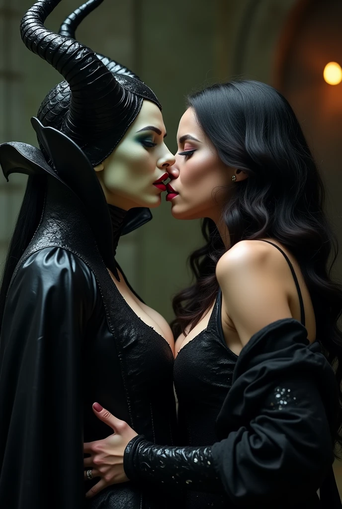 Maleficent is a stunning exotic beauty. With high pronounced cheekbones, dark red lipstick, powerful, black leathery scales, she is kissing a stunning female vampire of mixed ancestry who has long wavy black hair, the vampire is pale, Maleficent is overpowering her, clutching her neck, fondling her breasts, deep French kiss, tongues touching, ecstasy, visible breasts, visible cleqvage, Maleficent is taller
