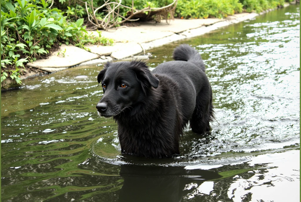 there is an anime style character black dog that is standing in the water, dog, at the waterside, black dog, a handsome, in a pond, in the water, a dog, river in front of him, the photo shows a large, bear, labrador, menacing!, playing with the water, emerging from the water, wet fur, handsome, nice face
